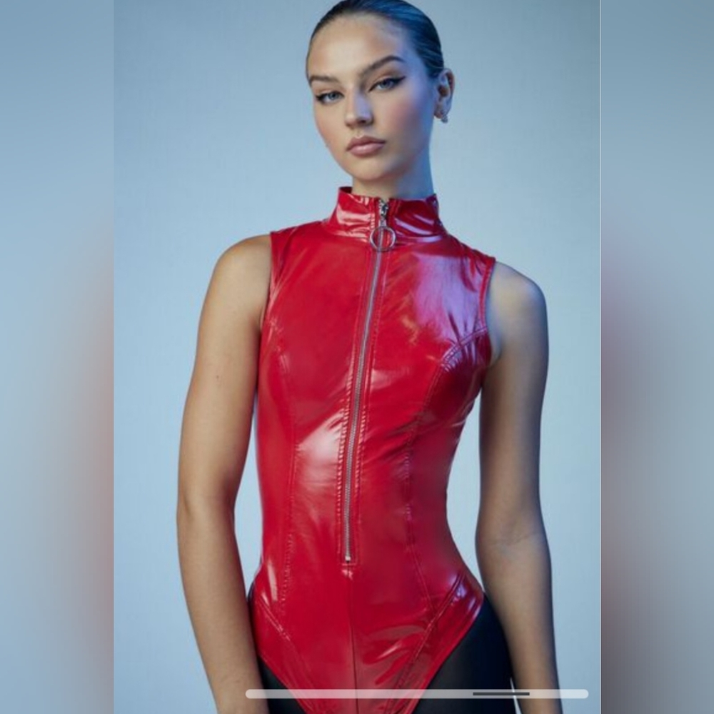 Red Faux Patent Leather Half Zip Bodysuit
